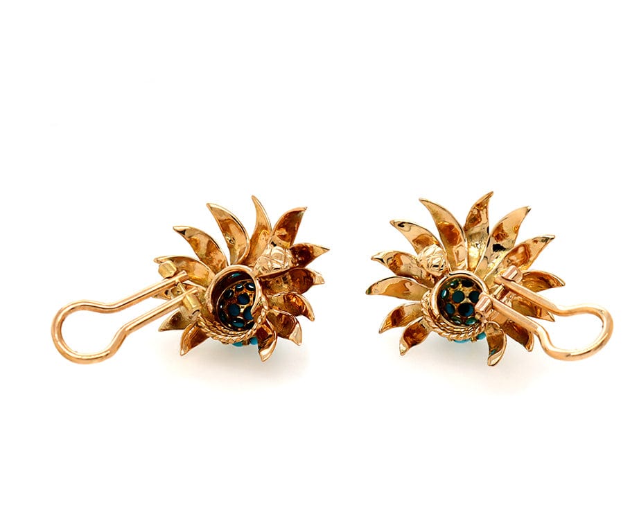 Vintage Pave Turquoise Italian Florentine Petals Clip On Earrings in 18K