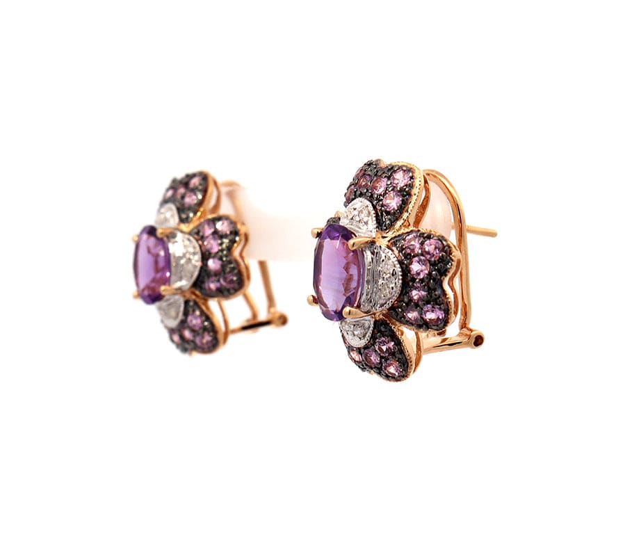 0.25ctw Diamond Amethyst and Pink Sapphire Flower Earrings in 14K