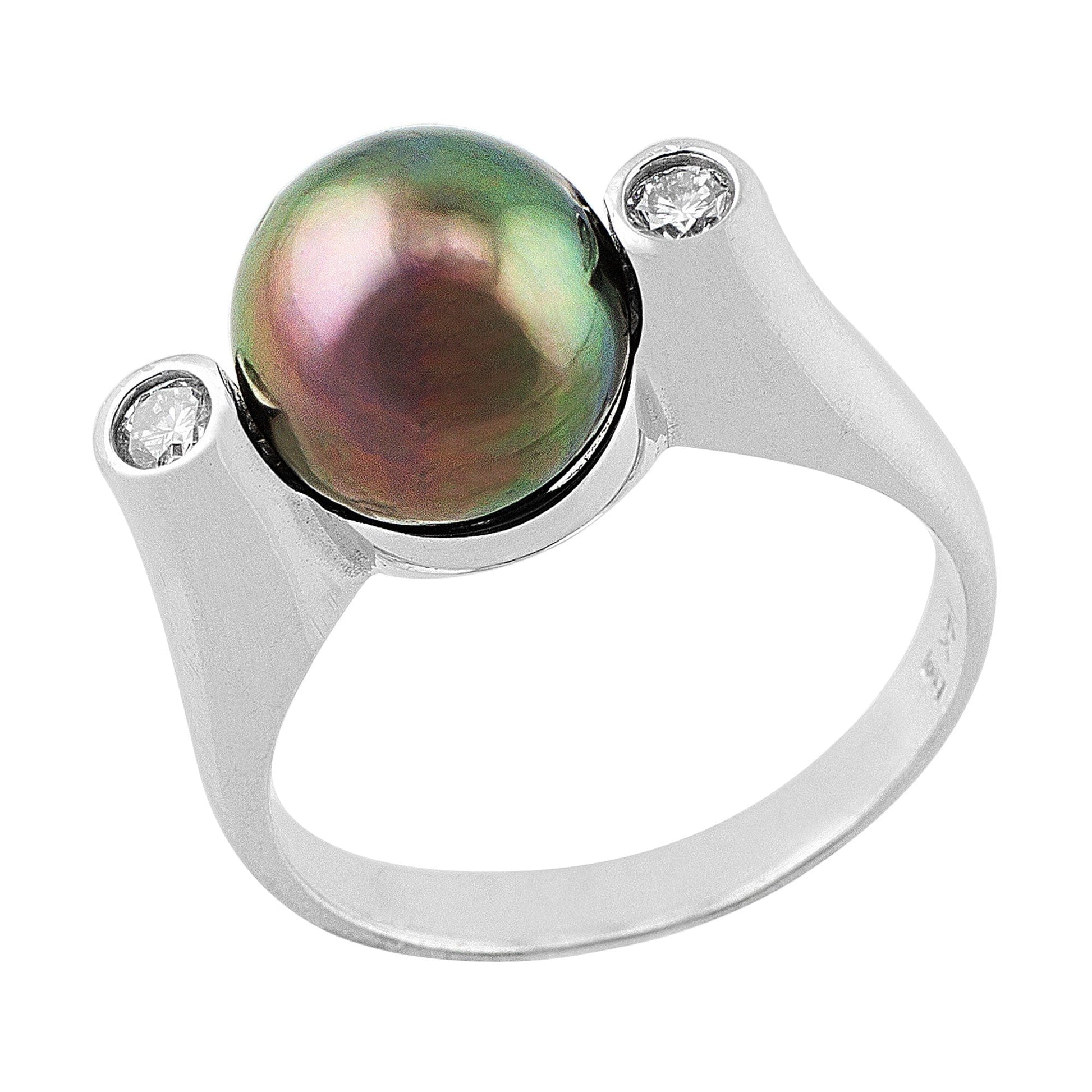 14k White Gold Modern Pearl and Diamond Ring