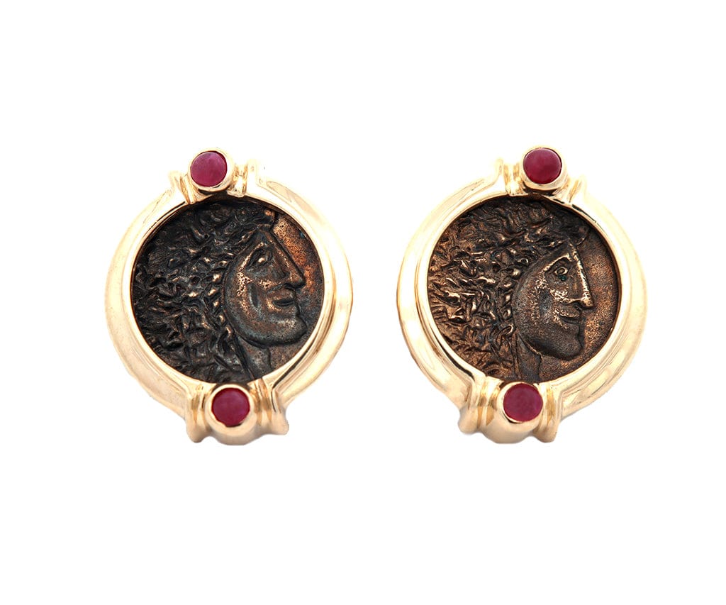 Vintage Ruby Cabochon Faux Ancient Coin Earrings in 14K