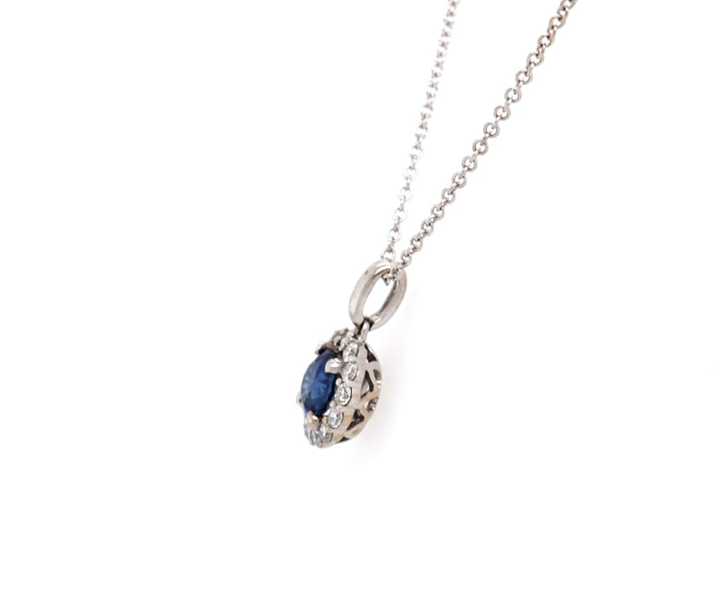 0.93ct Round Sapphire and 0.36ctw Diamond Halo Pendant Necklace in 14K