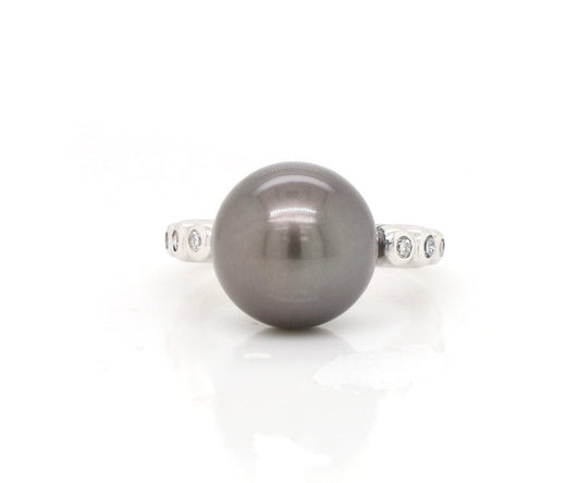 12.50MM Black Tahitian Pearl and 0.15ctw Diamond Bezel Set Ring in 18K