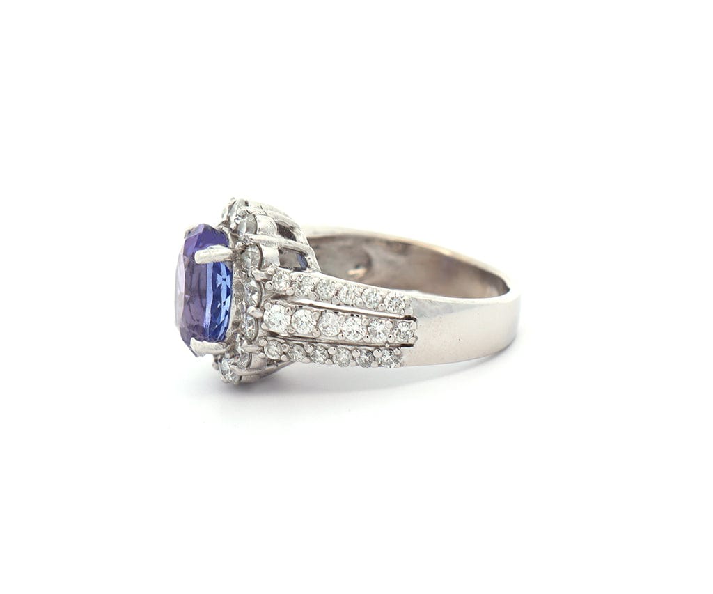 3.00ct Oval Tanzanite and 1.35ctw Diamond Frame Triple Row Ring in 14K