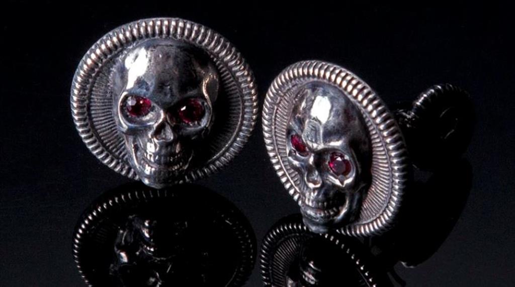 William Henry Sterling Silver Skull Cufflinks with Red Topaz Eyes