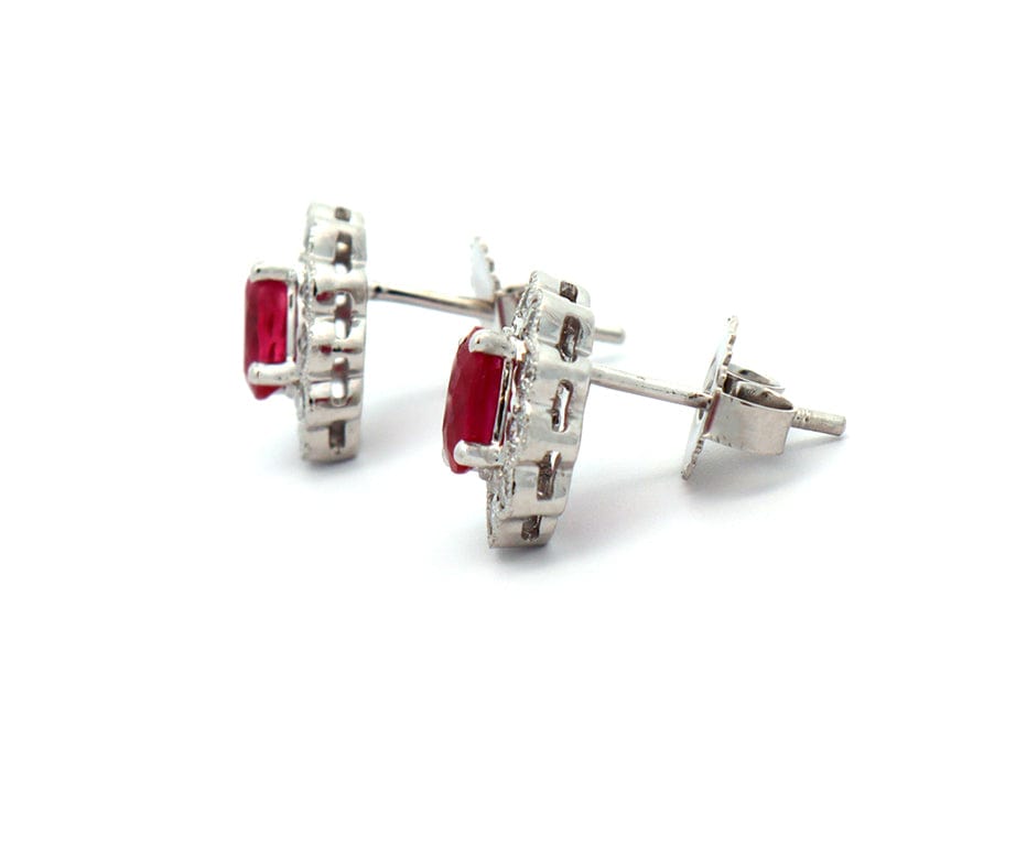 1.20ctw Ruby and 0.50ctw Diamond Frame Milgrain Stud Earrings in 14K