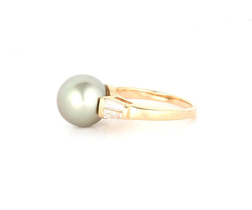 10.50MM Gray Cultured Pearl and 0.50ctw Baguette Diamond Ring in 14K