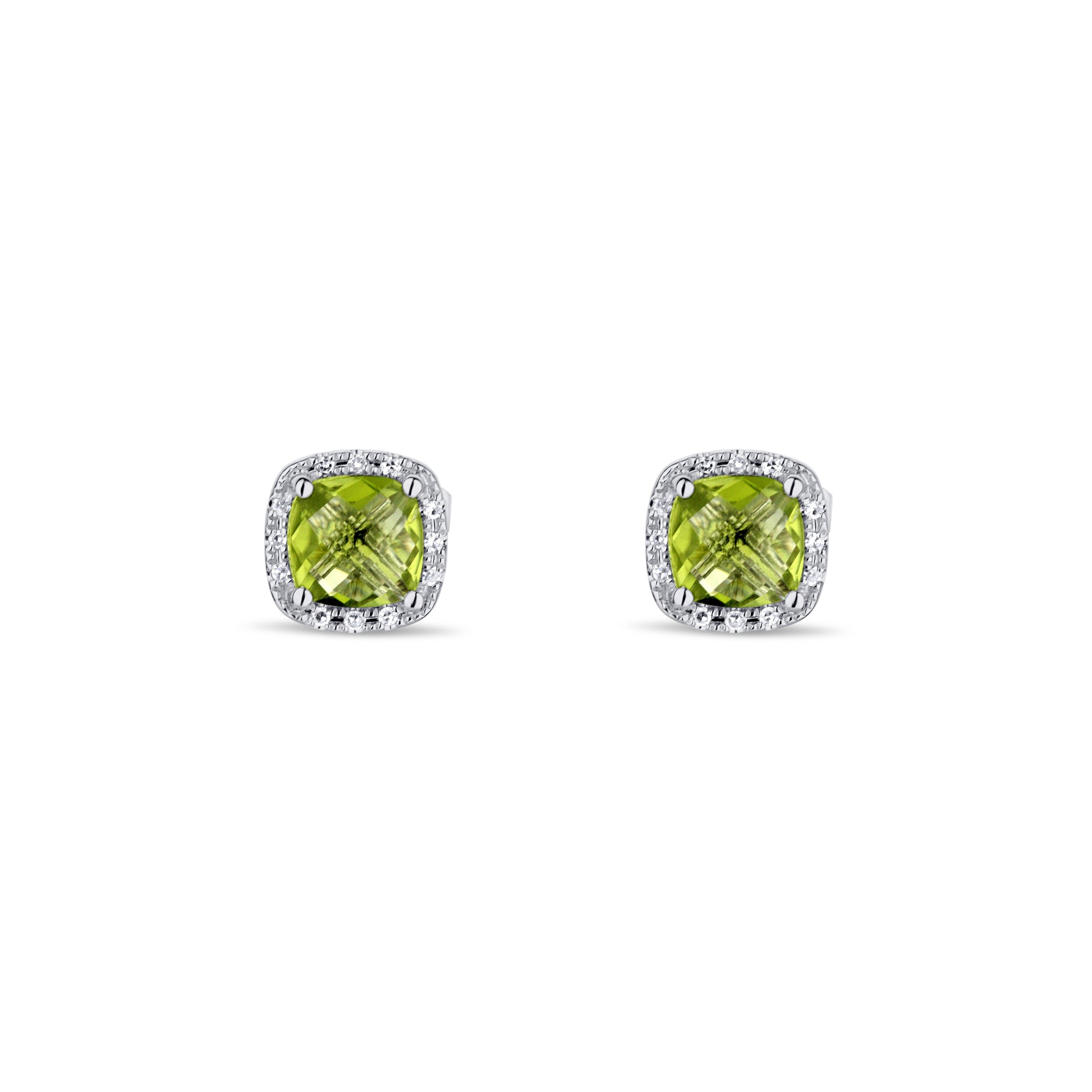 14K White Gold Peridot Cushion Cut Stud With Diamond Halo