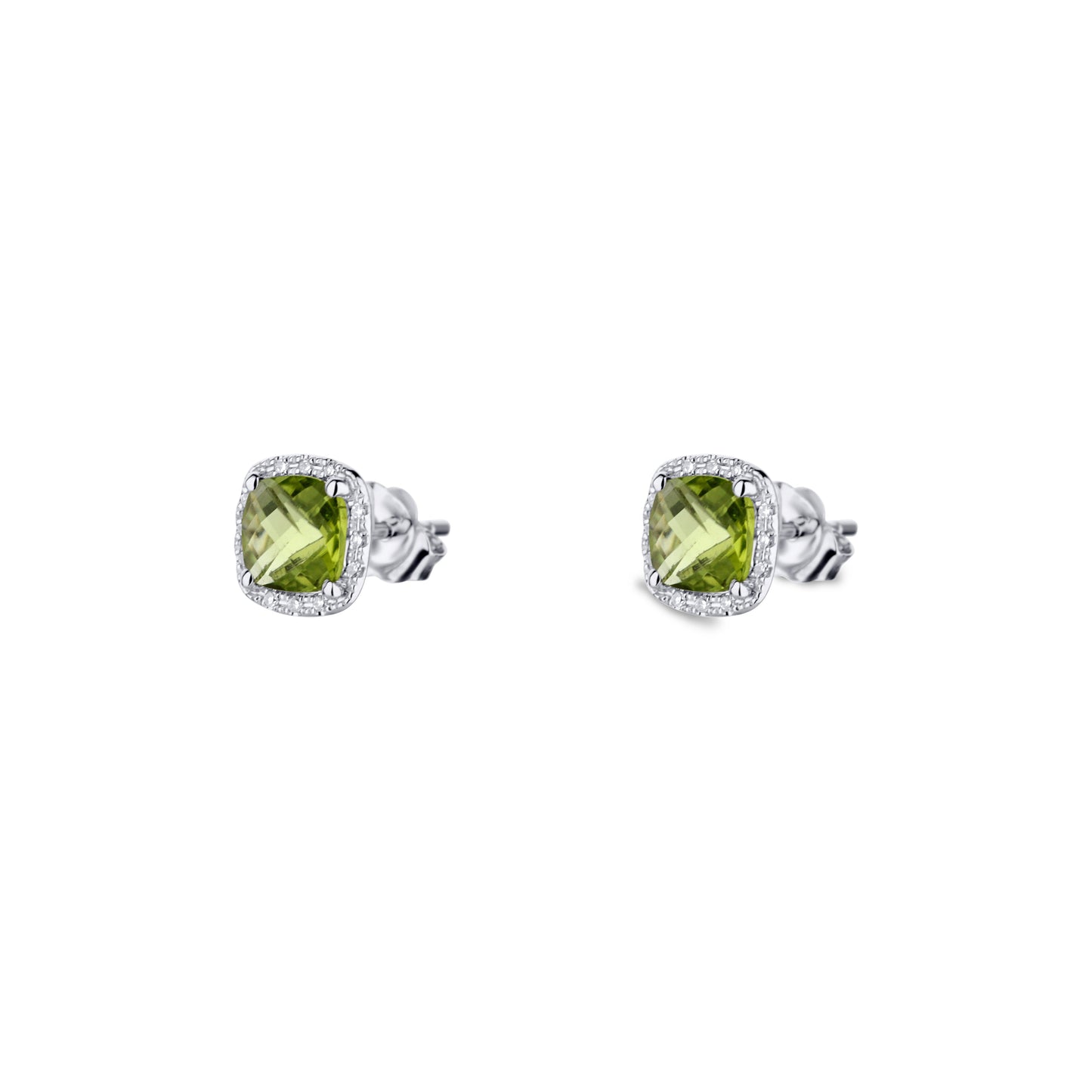 14K White Gold Peridot Cushion Cut Stud With Diamond Halo