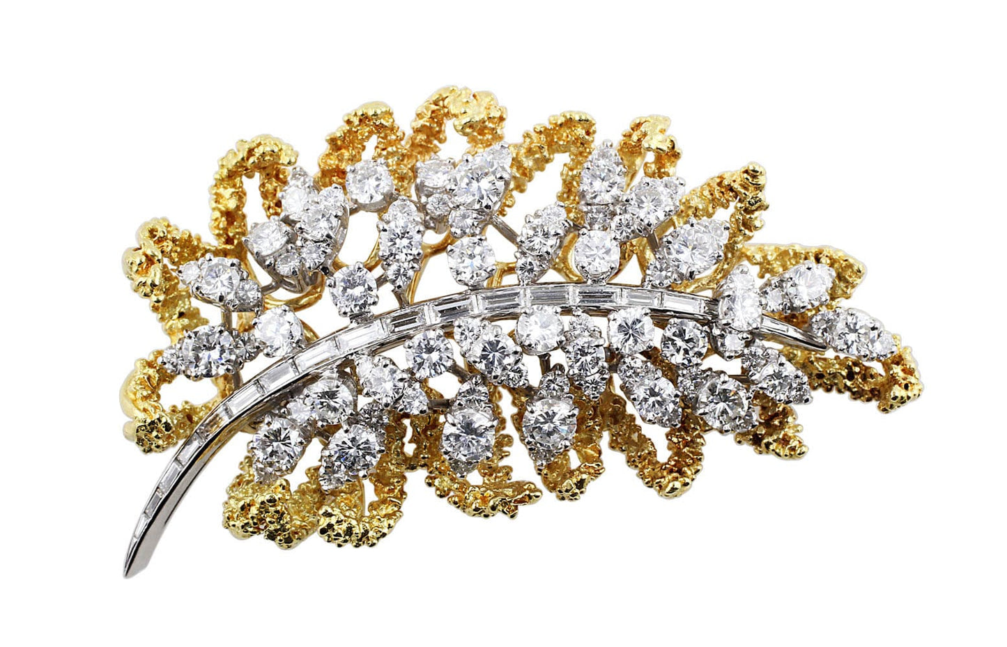 18k Yellow Gold Platinum Diamond Leaf Brooch