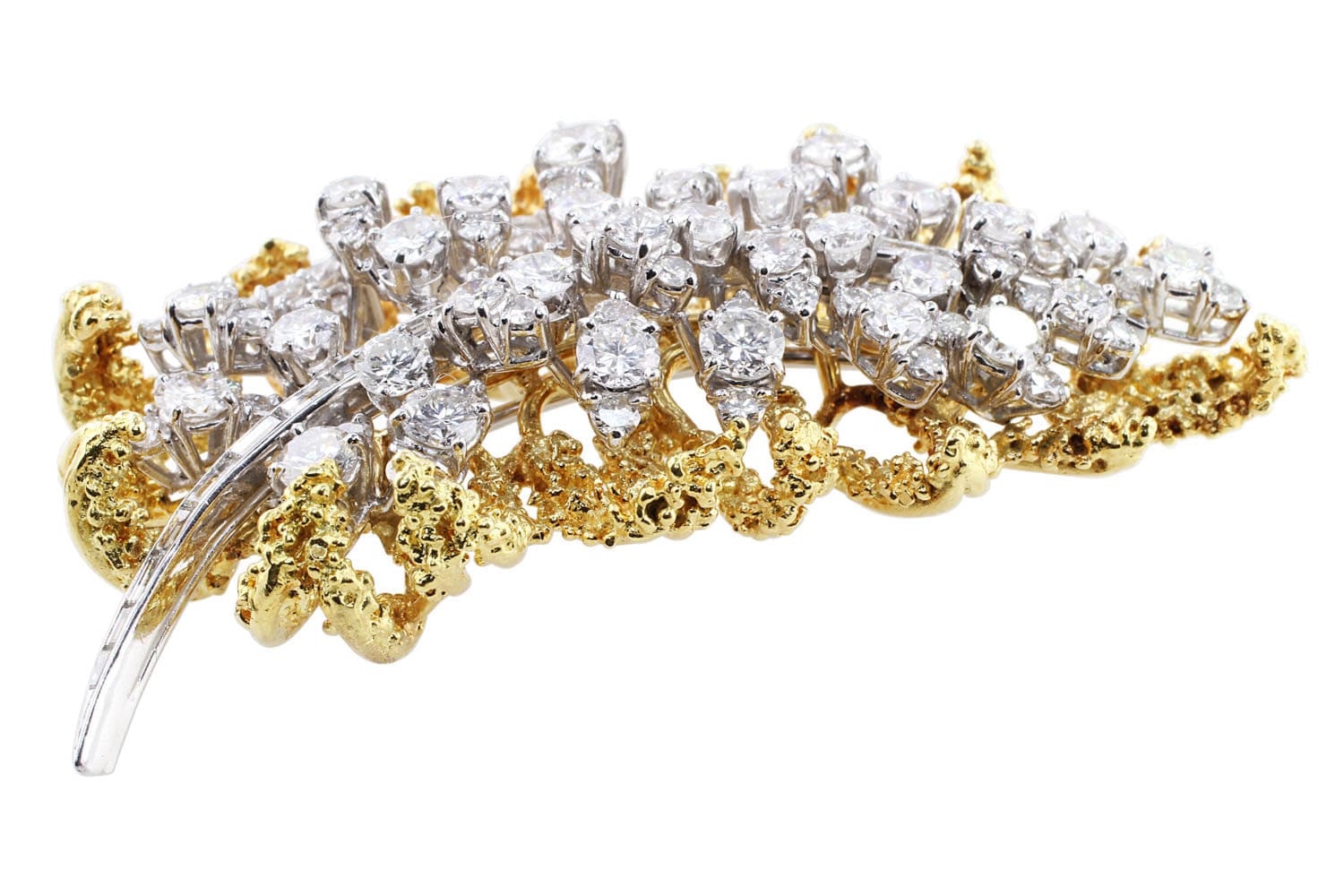 18k Yellow Gold Platinum Diamond Leaf Brooch