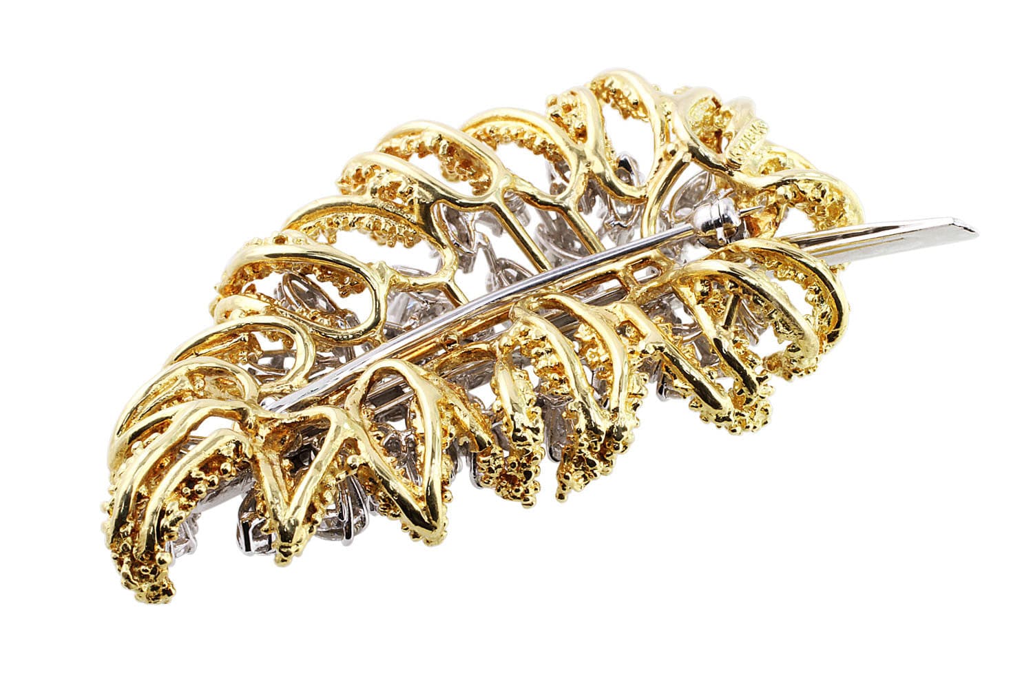 18k Yellow Gold Platinum Diamond Leaf Brooch