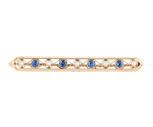 Vintage Sapphire and Pearl Bar Brooch in 14K