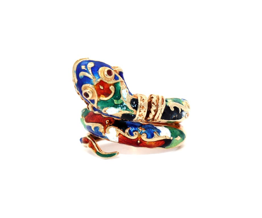 Vintage Victorian Enamel Coiled Snake Ring in 14K