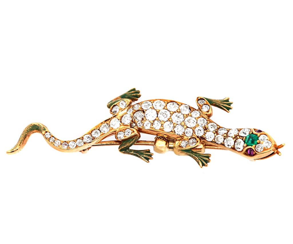 Vintage 1.25ctw Diamond 0.03ctw Ruby and 0.11ct Emerald Gecko Brooch in 18K