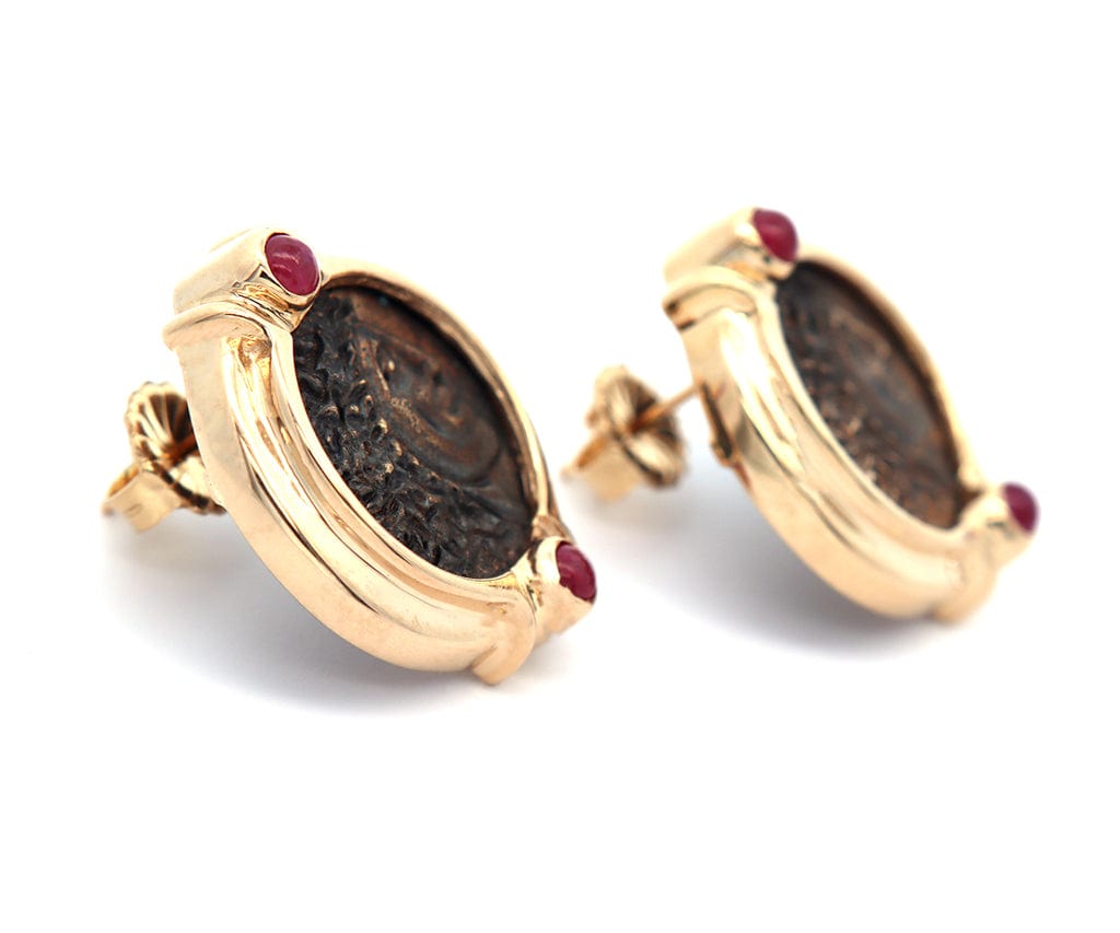 Vintage Ruby Cabochon Faux Ancient Coin Earrings in 14K