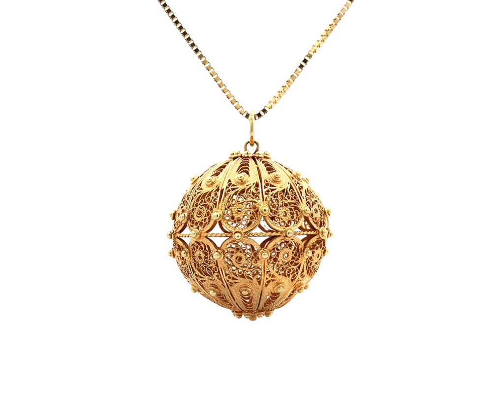 Vintage Hollow Filigree Ball Pendant Necklace in 14K