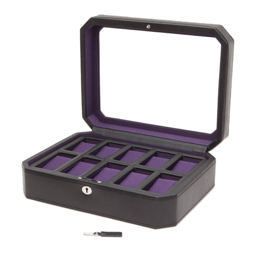 Wolf Windsor 10 Piece Watch Box Black with Purple Interior