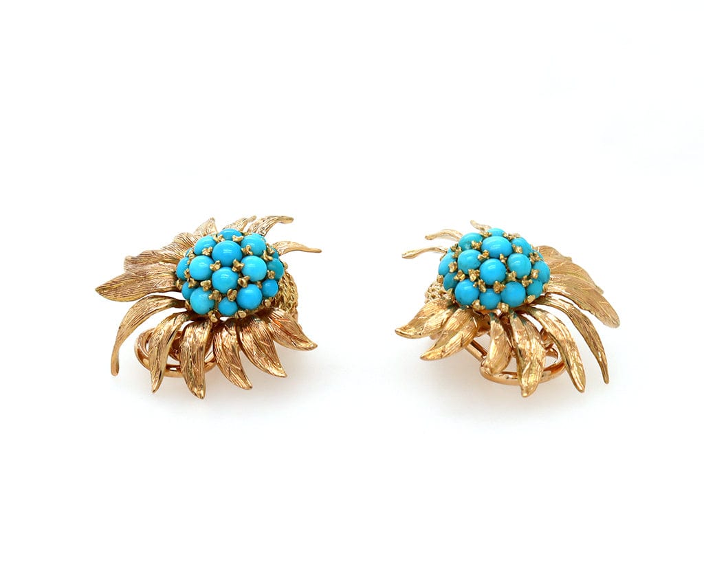 Vintage Pave Turquoise Italian Florentine Petals Clip On Earrings in 18K