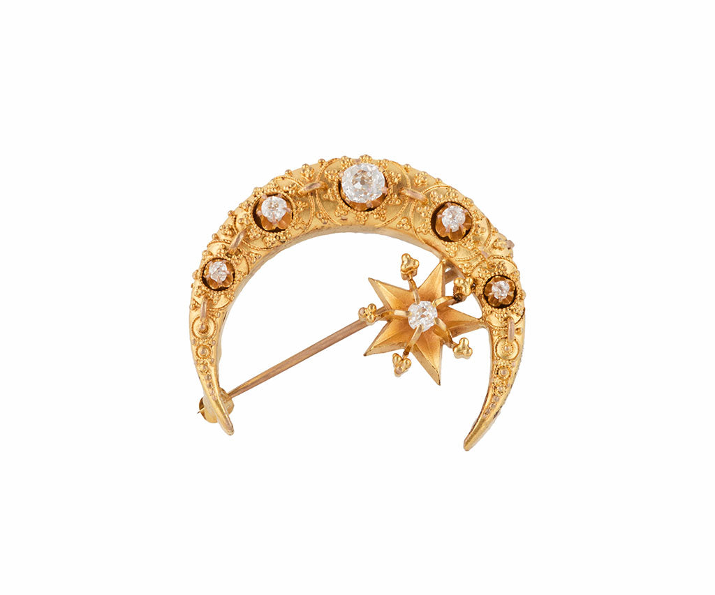 Antique 0.55ctw European Cut Diamond Moon and Star Brooch in 18K