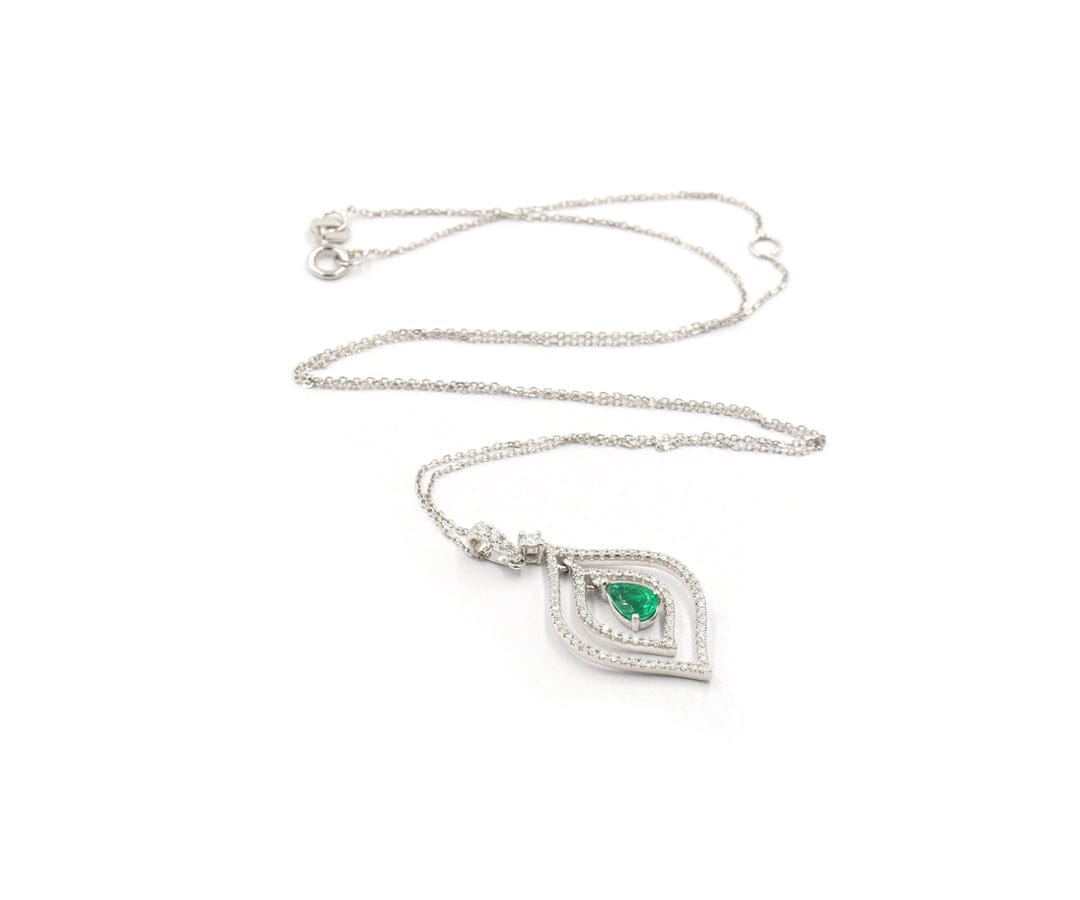 0.40ct Pear Cut Emerald and 0.80ctw Diamond Pendant Necklace in 14K