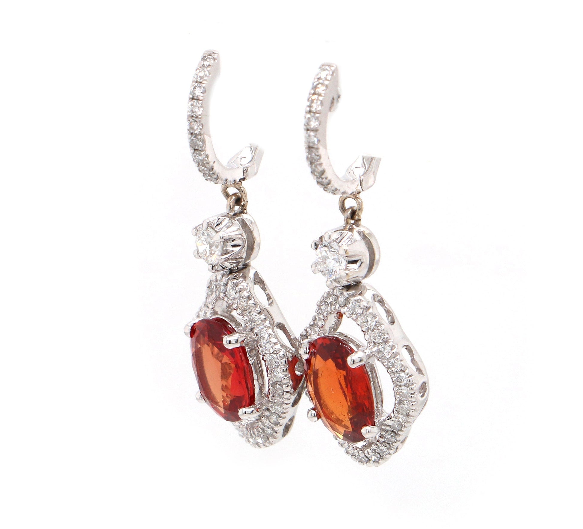 3.00ctw Orange Sapphire and 0.42ctw Diamond Frame Drop Earrings in 18K