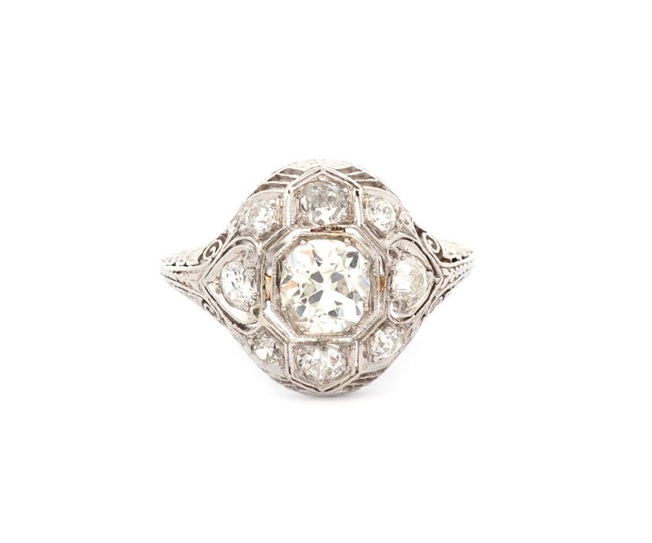 Vintage 1.68ctw Old Mine and Round Diamond Filigree Engagement Ring in Platinum