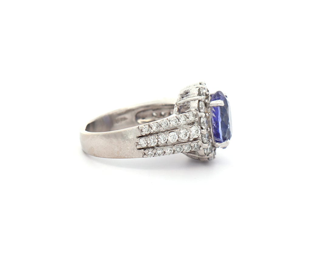 3.00ct Oval Tanzanite and 1.35ctw Diamond Frame Triple Row Ring in 14K