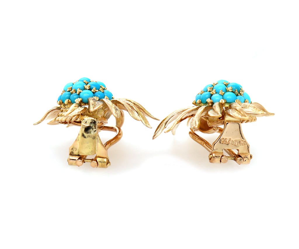 Vintage Pave Turquoise Italian Florentine Petals Clip On Earrings in 18K