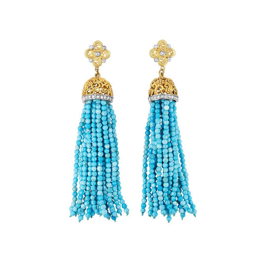 Tanya Farah 18K Yellow Gold Turquoise Beaded Tassel Earrings with Diamonds