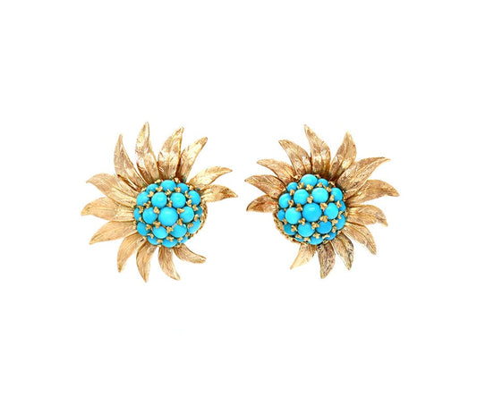 Vintage Pave Turquoise Italian Florentine Petals Clip On Earrings in 18K