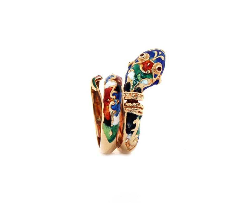 Vintage Victorian Enamel Coiled Snake Ring in 14K