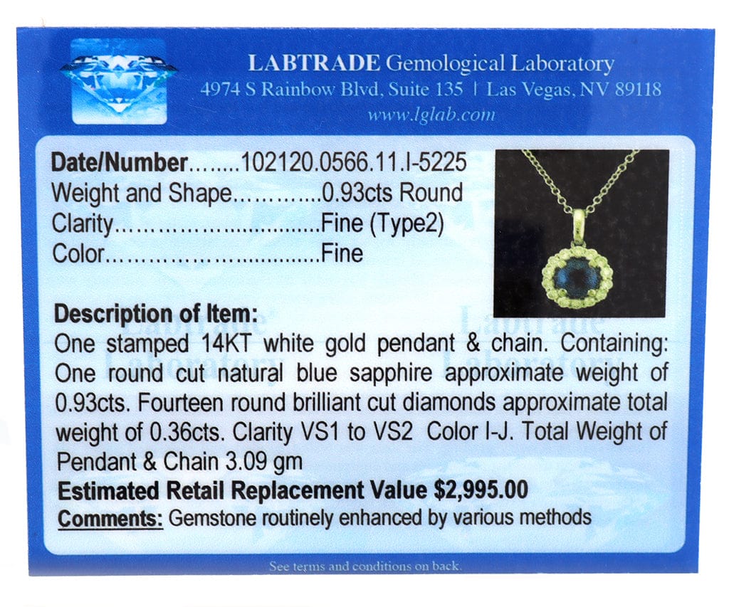 0.93ct Round Sapphire and 0.36ctw Diamond Halo Pendant Necklace in 14K