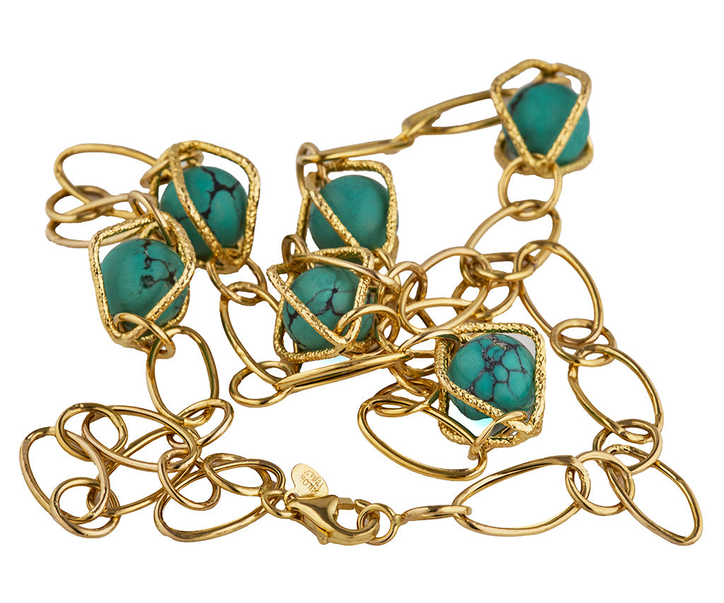 Turquoise Cabochon Beads Station Link Necklace in 14K