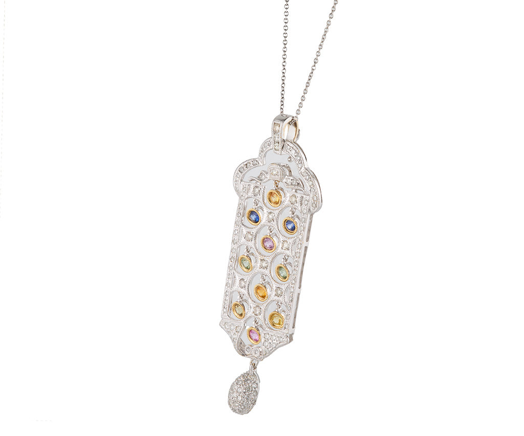 1.30ctw Diamond and 1.00ctw Multi Color Sapphire Art Deco Pendant Necklace in14K