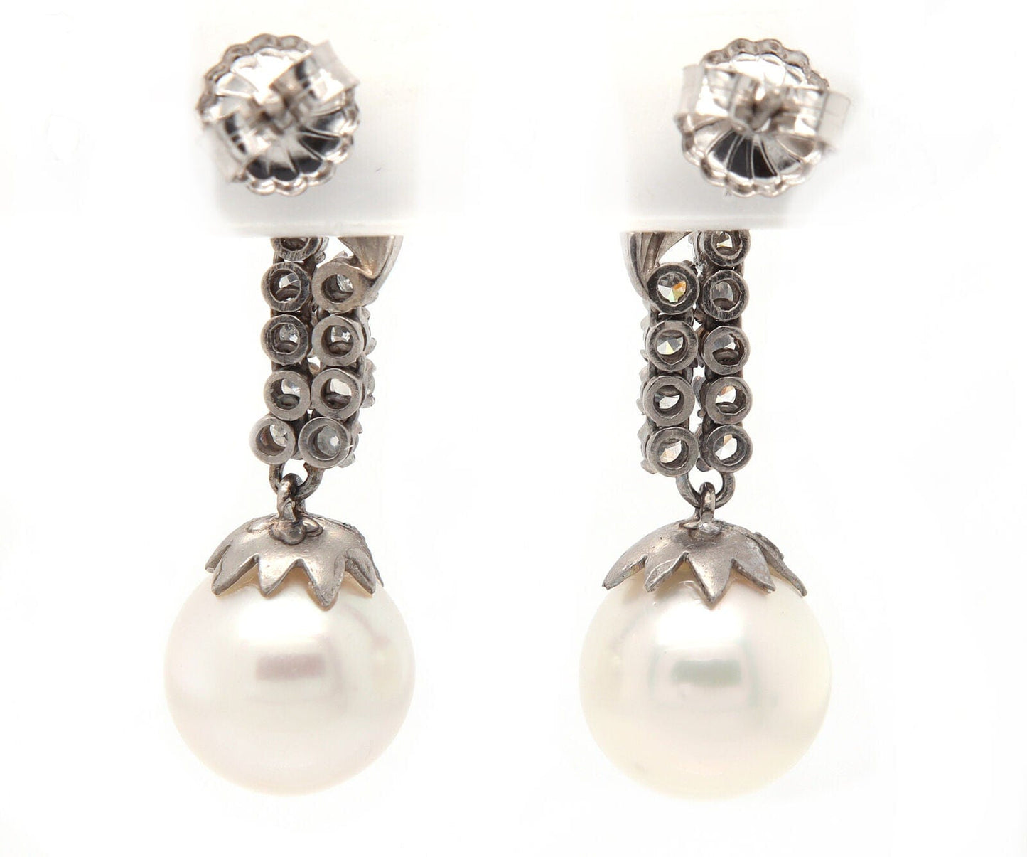 Vintage 0.80ctw Single Cut Diamond and South Sea Pearl Dangle Earrings Platinum