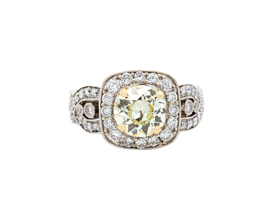 1.36ct Transition Cut Yellow Diamond & 0.65ctw Dia Vintage Engagement Ring 18K