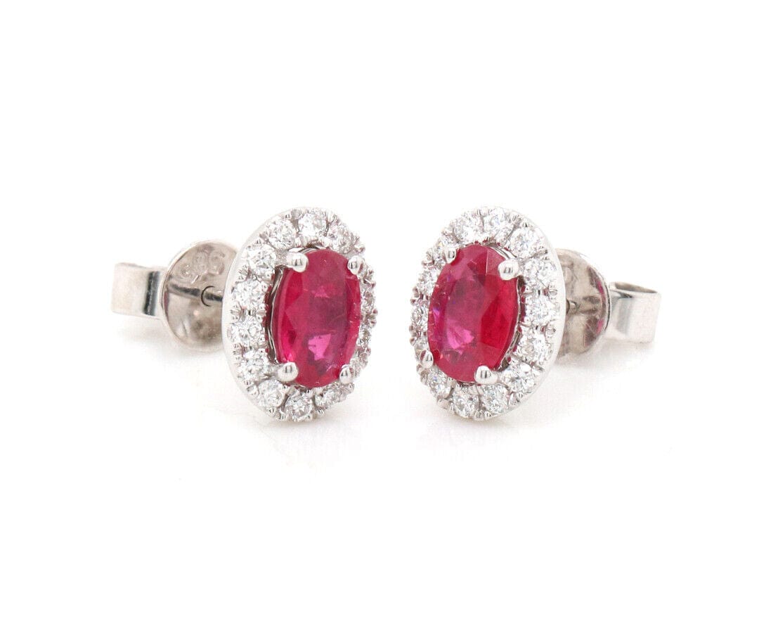 1.20ctw Oval Ruby and 0.50ctw Diamond Frame Stud Earrings in 14K