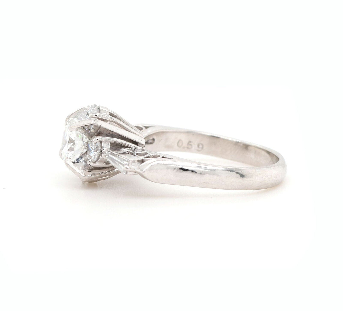 1.19ctw Round and Baguette Diamond Retro Style Ring in Platinum