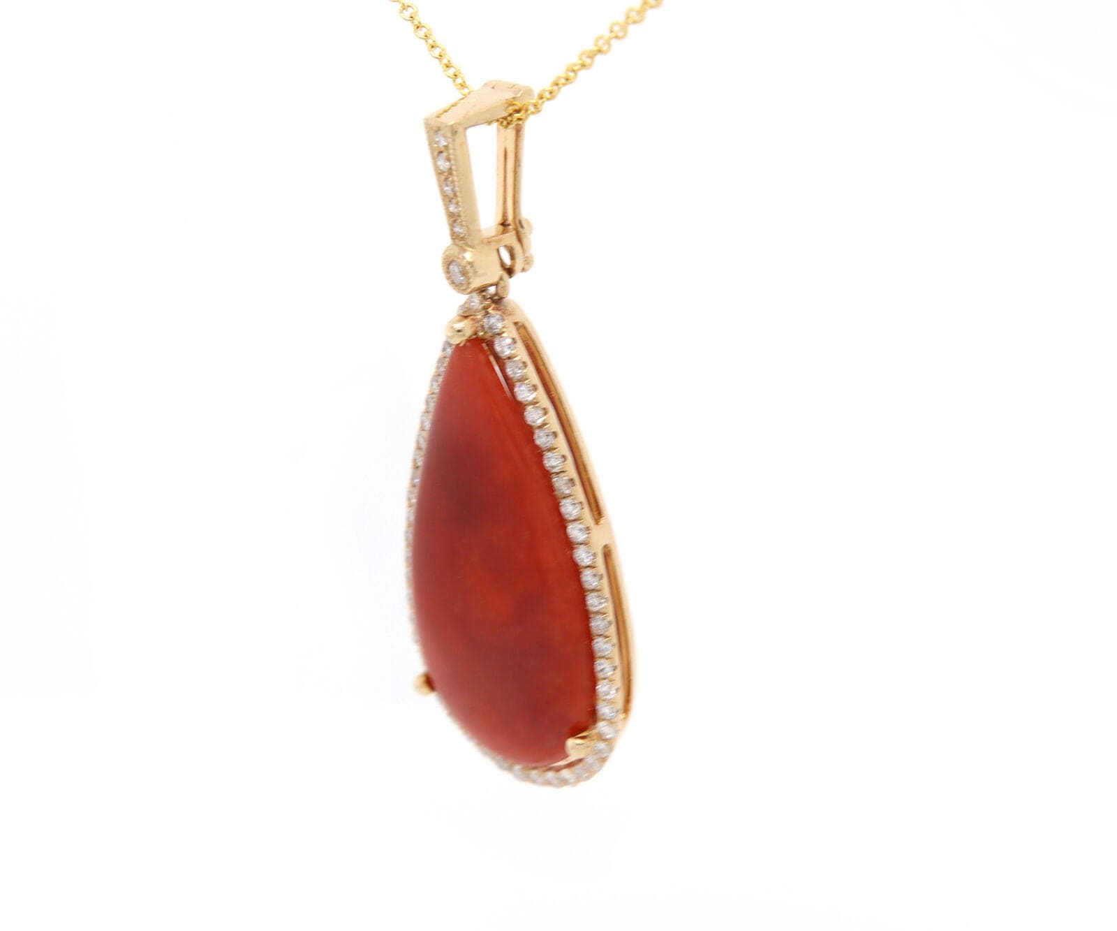 5.00ct Teardrop Shaped Carnelian and 0.25ctw Diamond Frame Pendant Necklace 14K