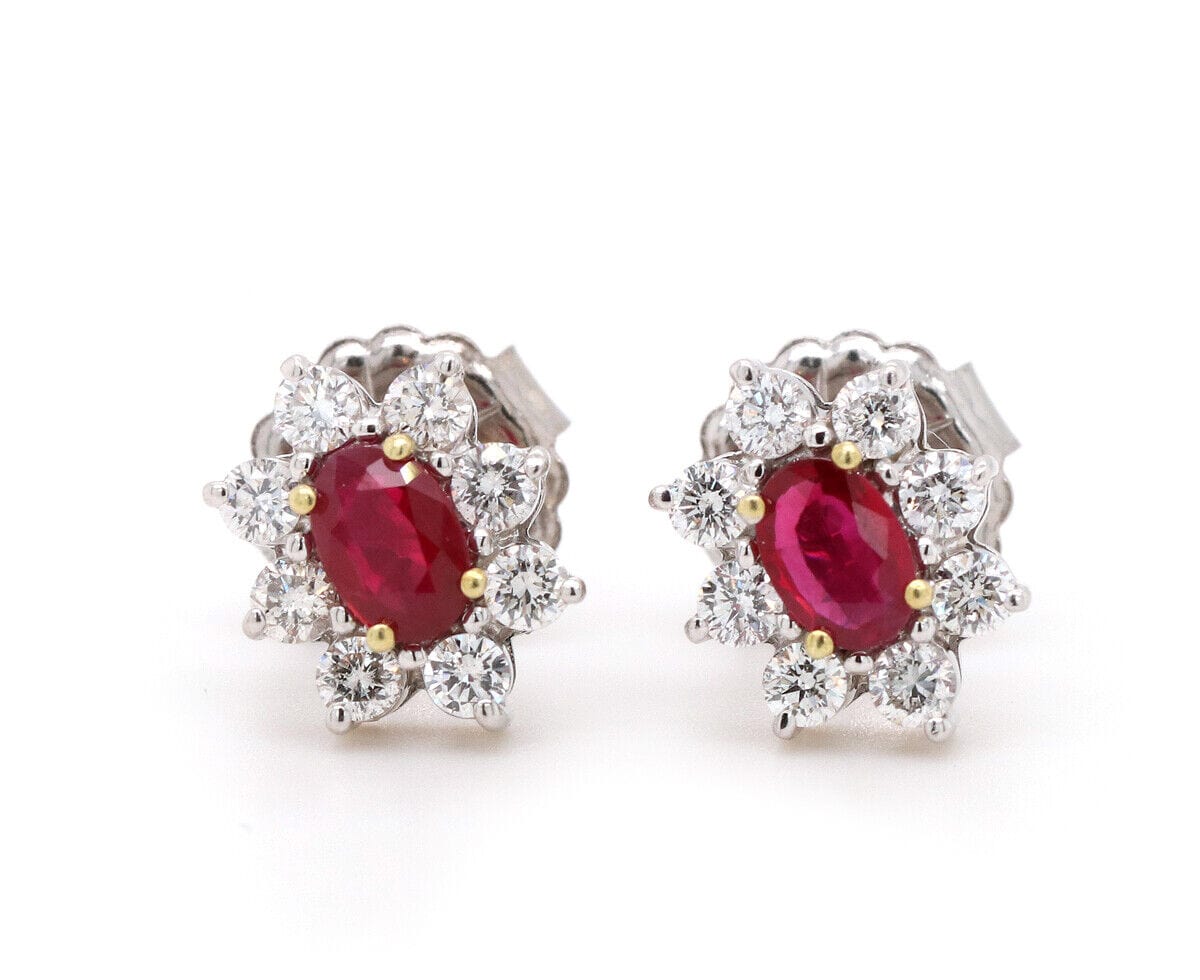 1.20ctw Oval Ruby and 0.65ctw Diamond Flower Stud Earrings in 18K