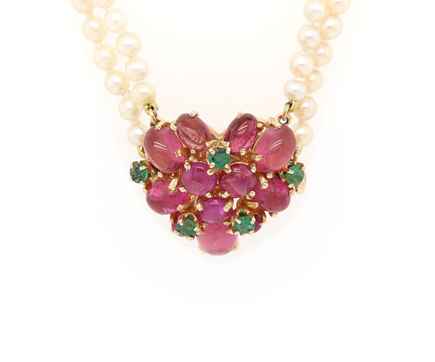 Vintage Pink Tourmaline Emerald and Graduated Pearl Strand Necklace in 14K