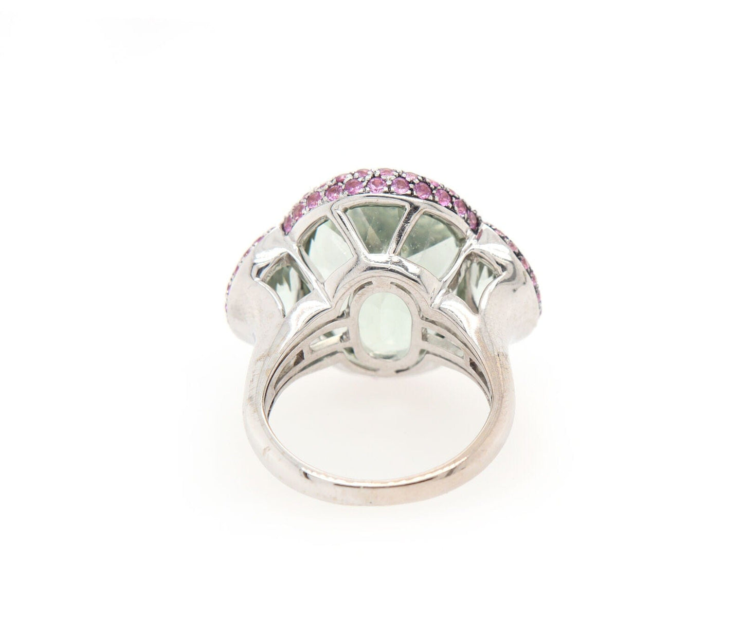 19.00ctw Prasiolite and 1.40ctw Pink Sapphire Three Stone Frame Ring in 18K