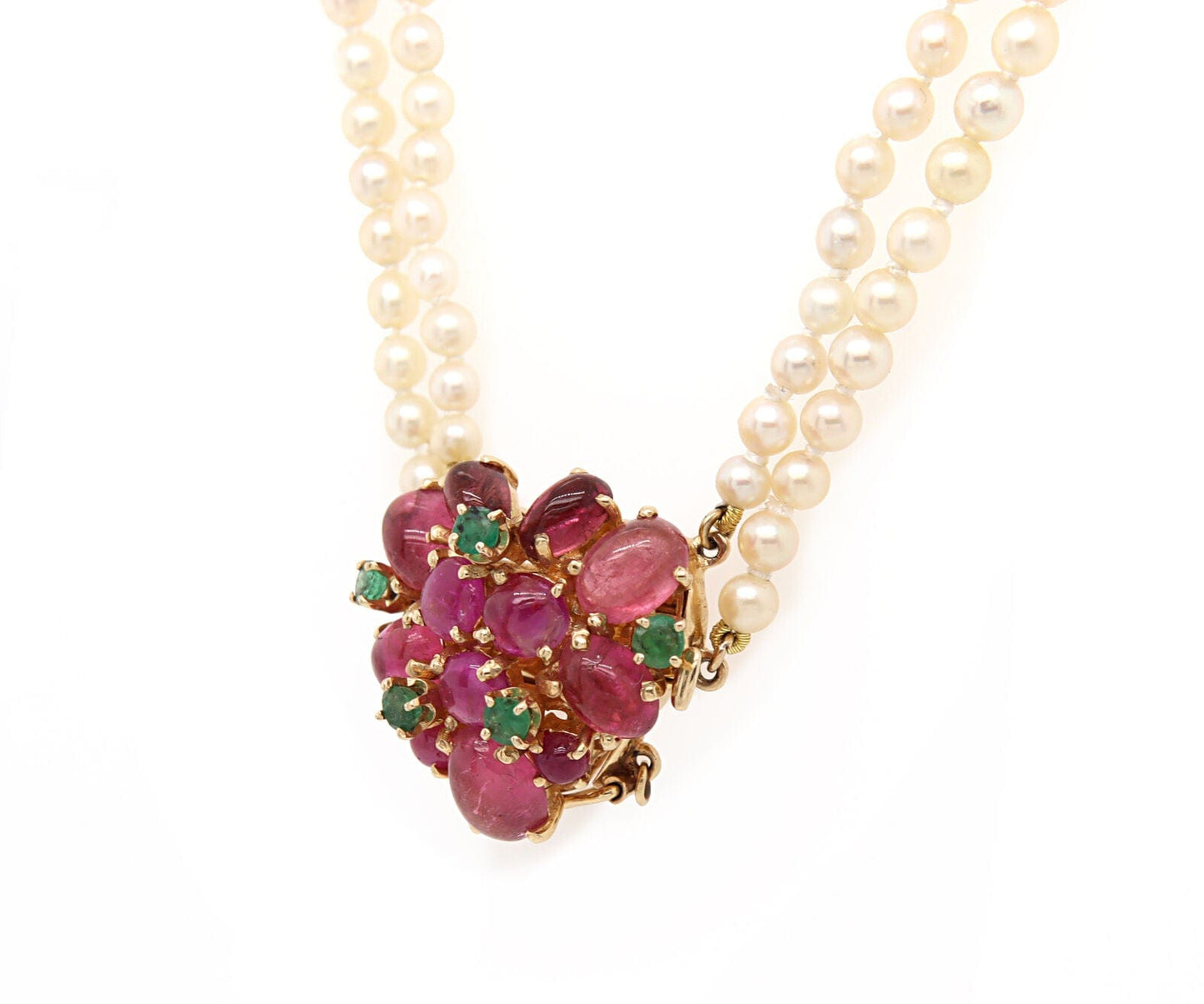 Vintage Pink Tourmaline Emerald and Graduated Pearl Strand Necklace in 14K