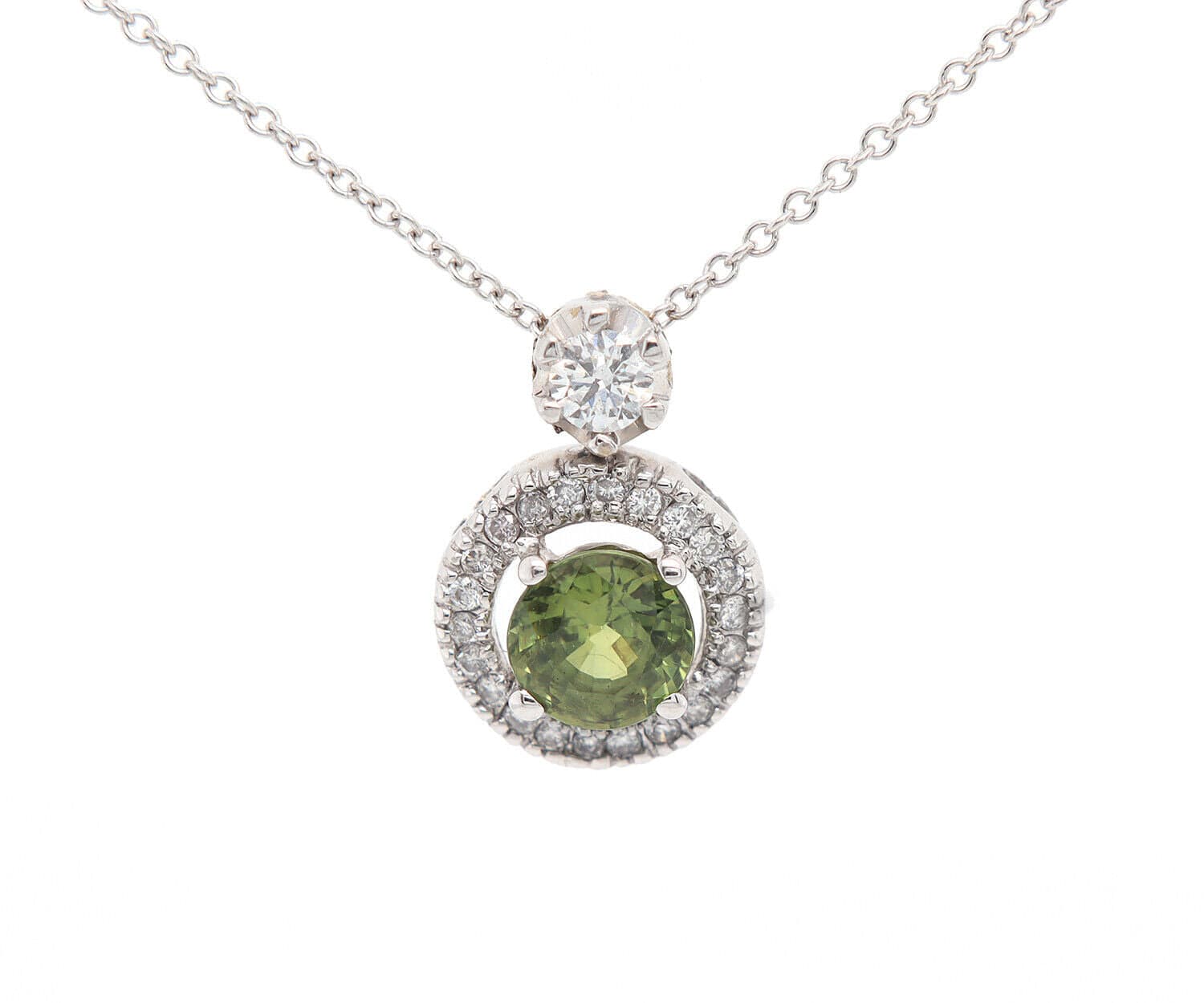 0.85ct Green Sapphire and 0.25ctw Diamond Halo Pendant Necklace in 18K