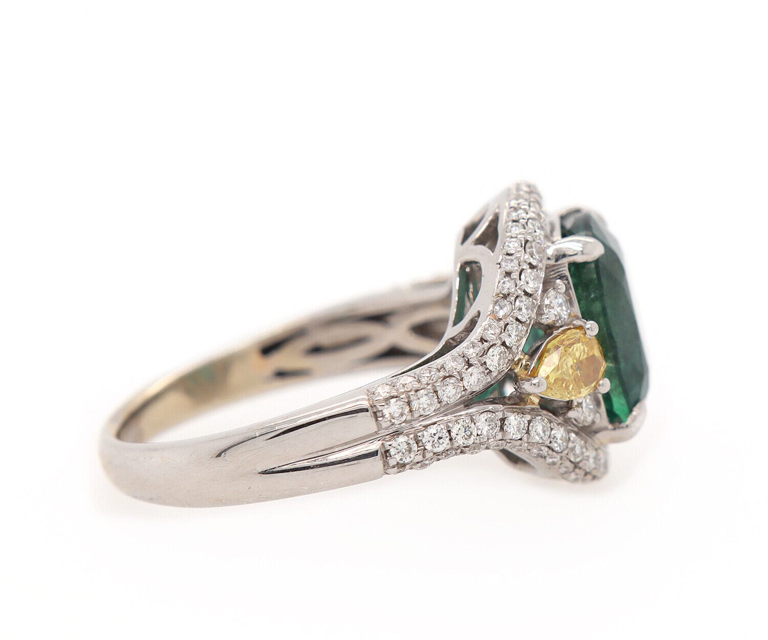 3.50ct Cushion Emerald and 1.00ctw Yellow and White Diamond Ring in 14K