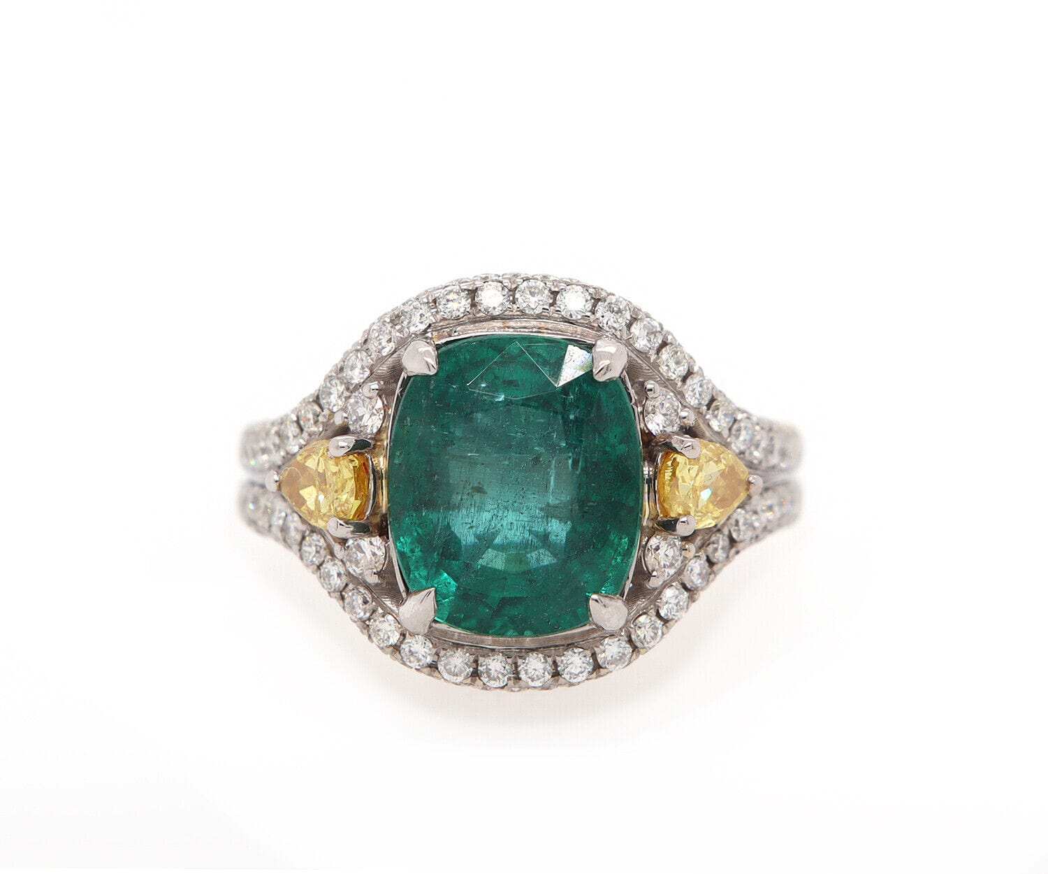 3.50ct Cushion Emerald and 1.00ctw Yellow and White Diamond Ring in 14K