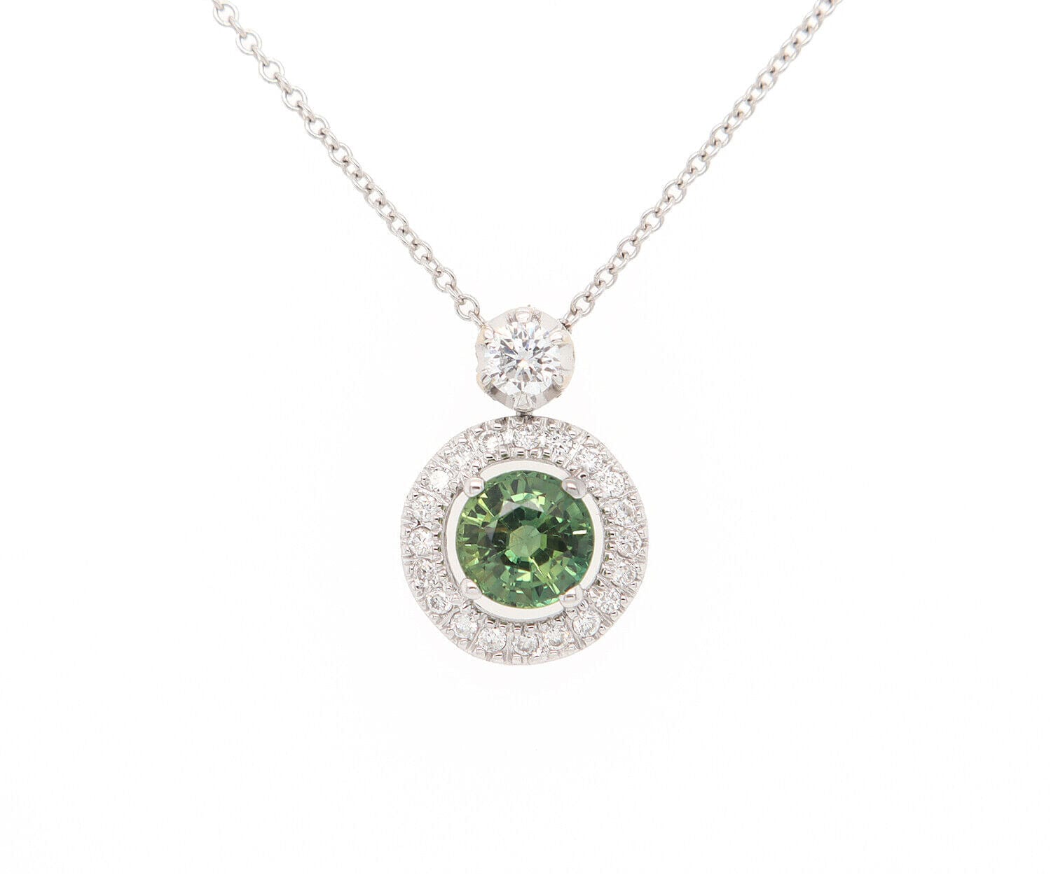 0.75ct Green Tourmaline and 0.25ctw Diamond Halo Pendant Necklace in 18K