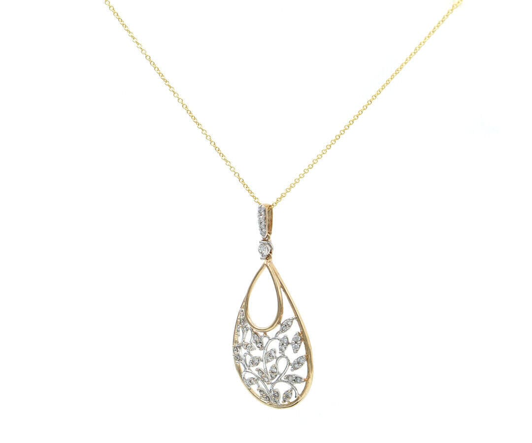 0.35ctw Diamond Two Tone Leaf Teardrop Shaped Pendant Necklace in 14K