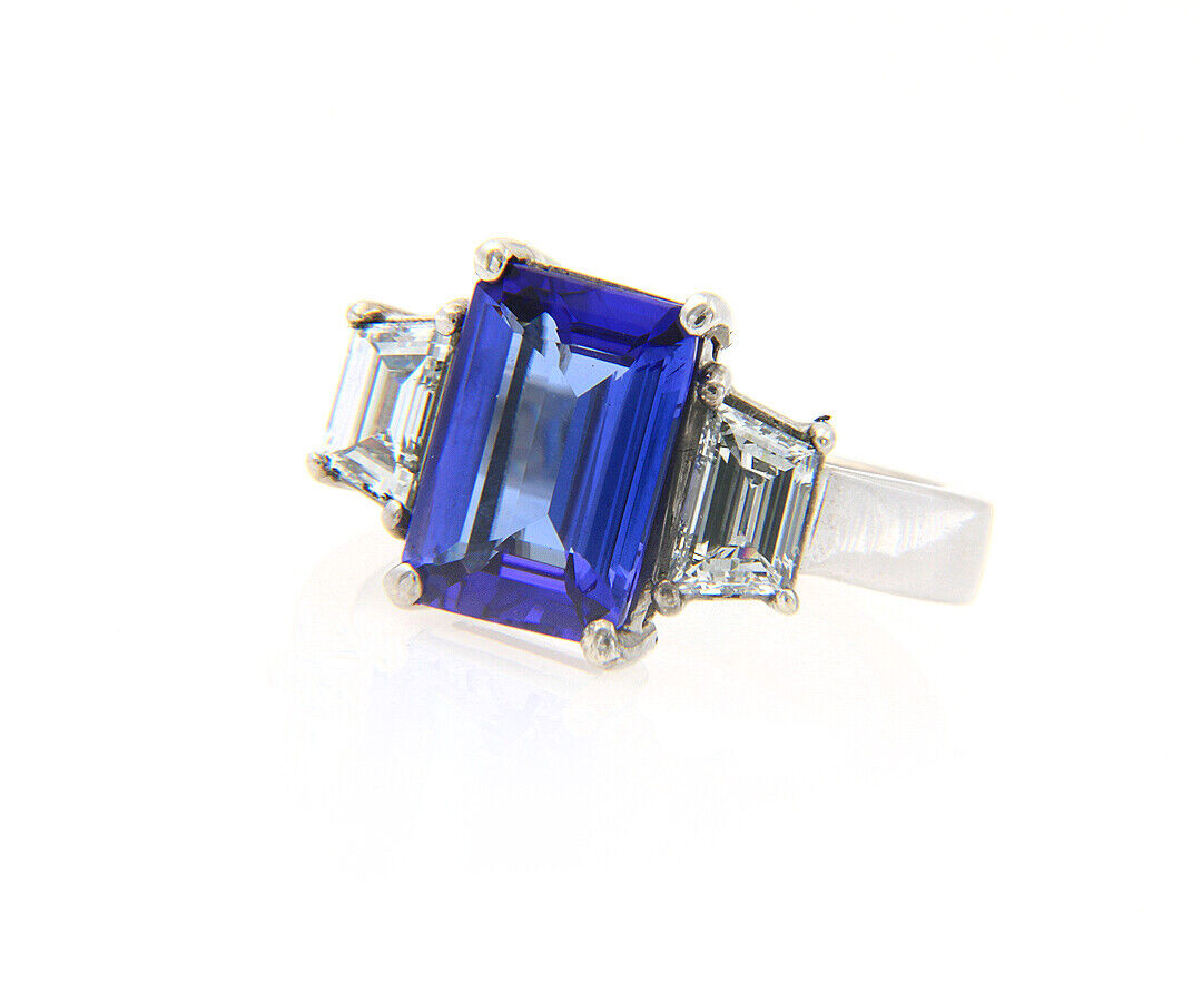 3.20ct Emerald Cut Tanzanite and 1.50ctw Trapezoid Diamond Ring in 14K