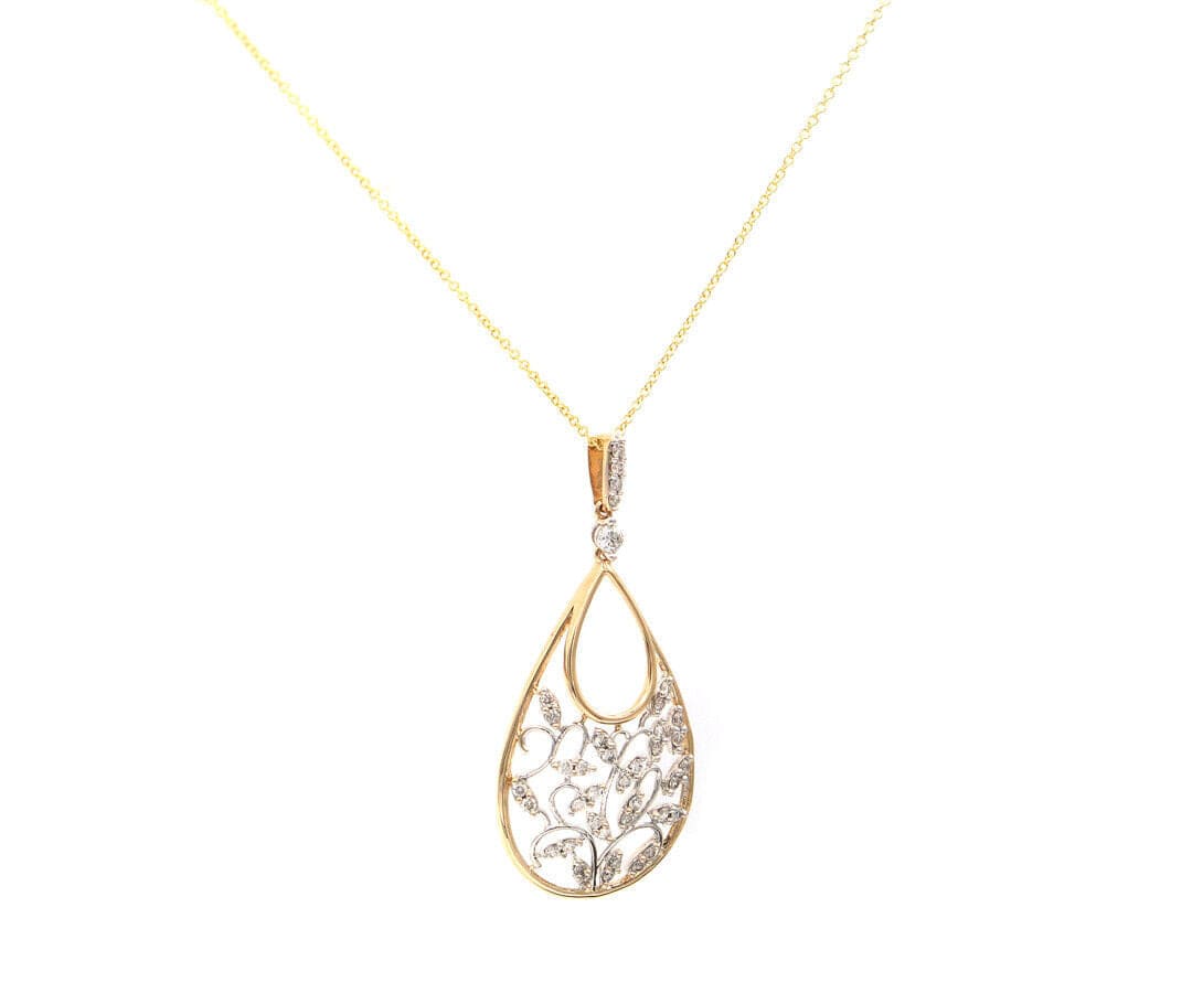 0.35ctw Diamond Two Tone Leaf Teardrop Shaped Pendant Necklace in 14K